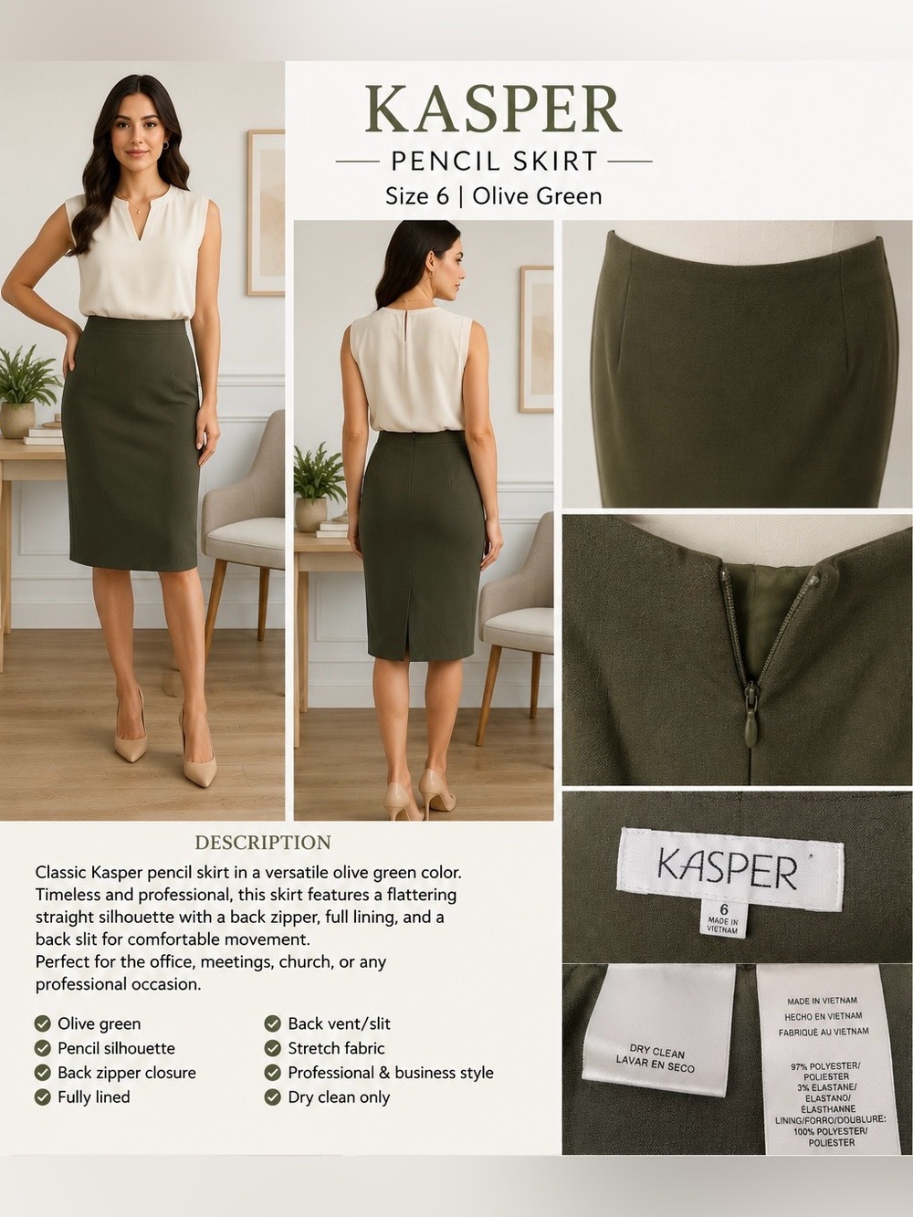 Kasper Olive Green Pencil Skirt Women’s Size 6 Career Office Stretch Lined Midi
